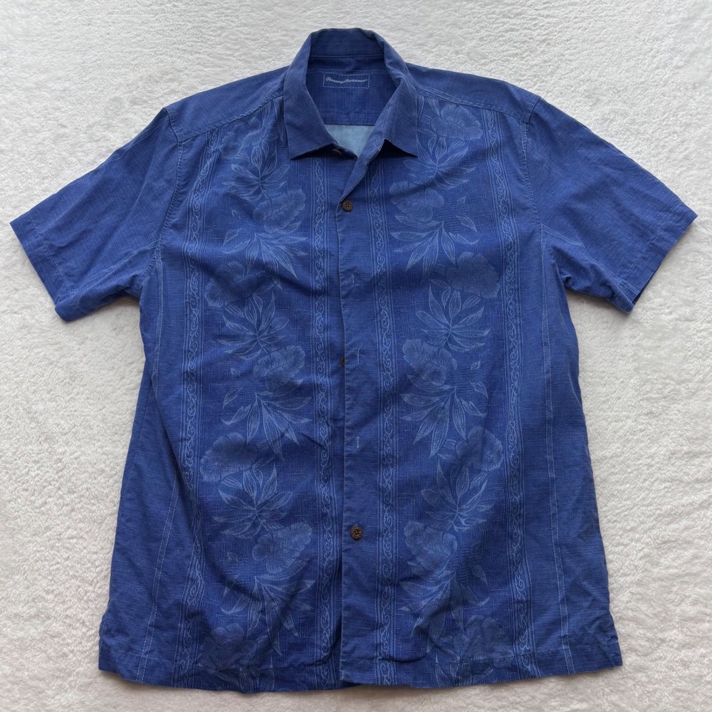 Tommy Bahama Mens Large Blue 100% Silk Floral Jacquard Short Sleeve Camp Shirt